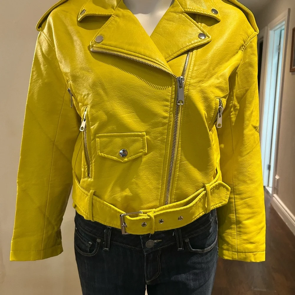 Zara Yellow faux leather Biker Jacket size S - Picture 2 of 4